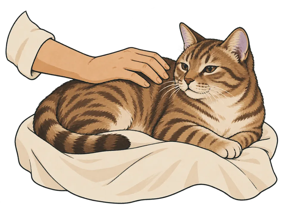 A relaxed tabby cat resting on cream fabric with a hand gently on its back.