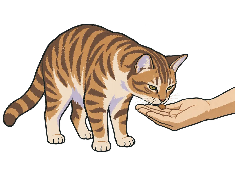 A cat sniffing a treat offered on an open palm.