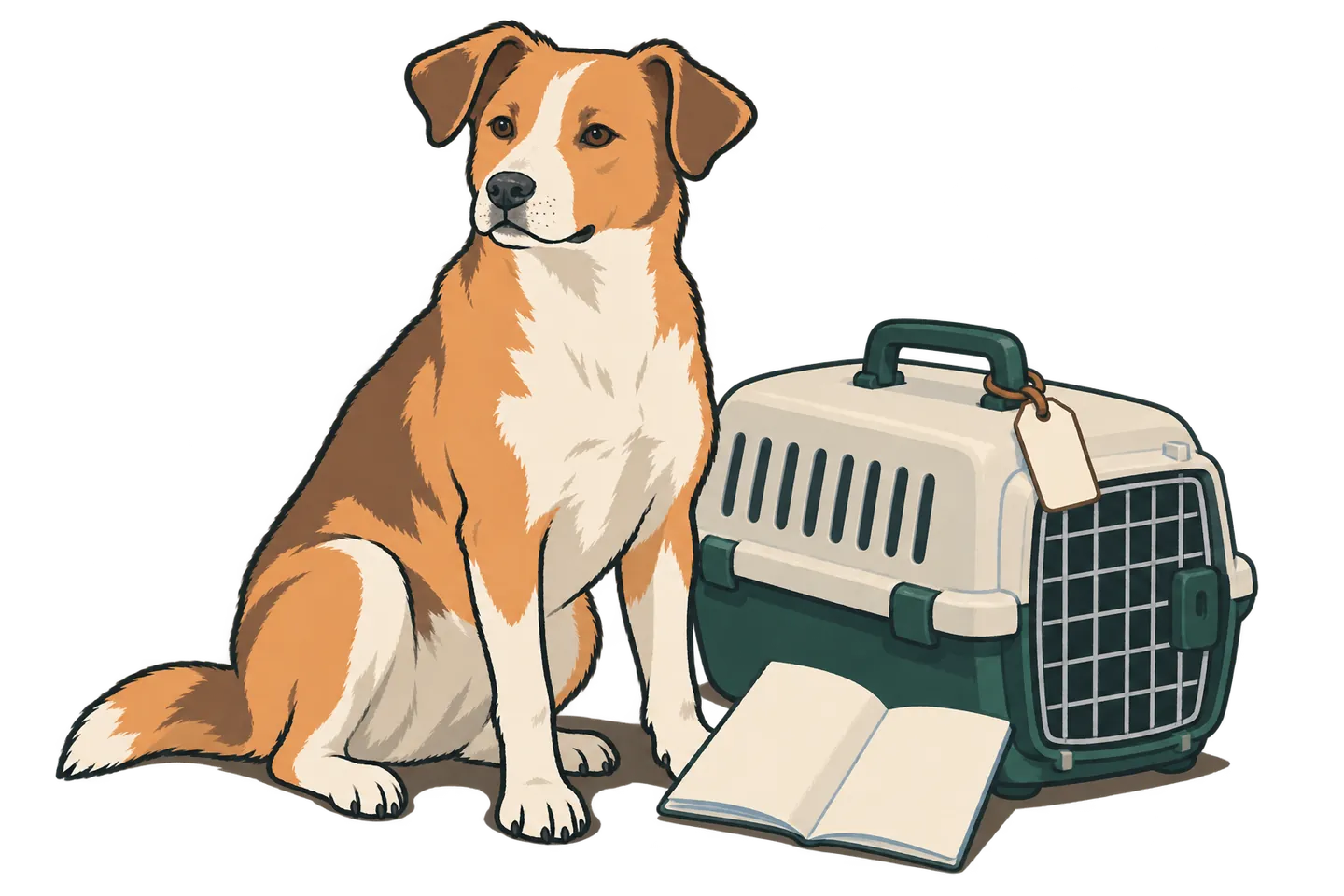 A calm dog beside a travel carrier and a blank booklet.