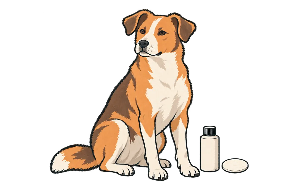 A calm seated dog beside a capped cream bottle and a cotton pad.