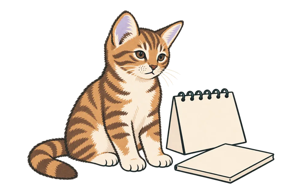 A young tabby cat beside a blank desk calendar and a closed blank booklet.