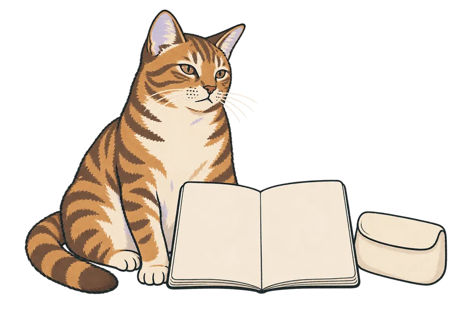A tabby cat beside an open blank book and a cream document pouch.