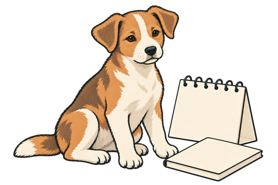 A young dog beside a blank desk calendar and a closed blank booklet.