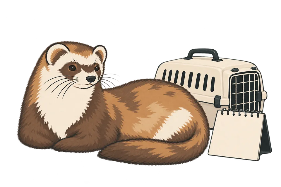 A resting ferret beside a cream pet carrier and a blank standing calendar.