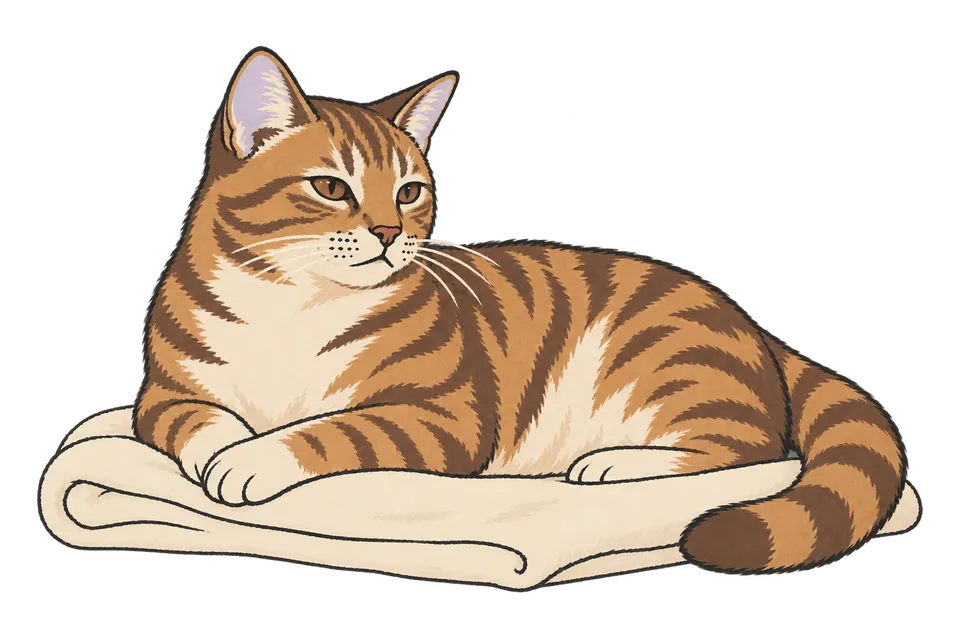 A relaxed tabby cat resting on a folded cream towel.