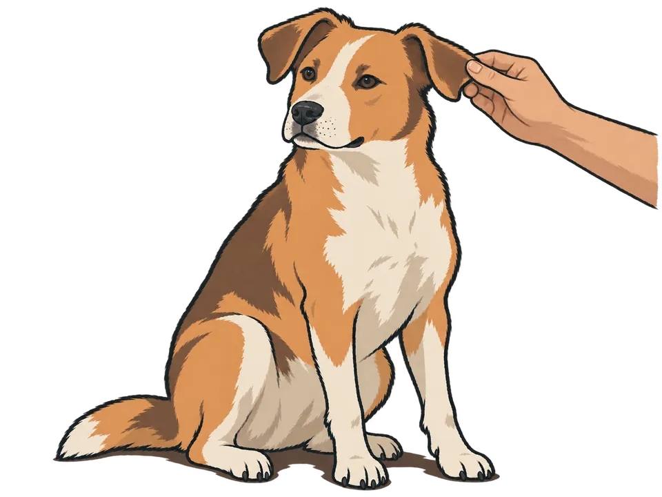 A hand gently holding a dog’s external ear flap.