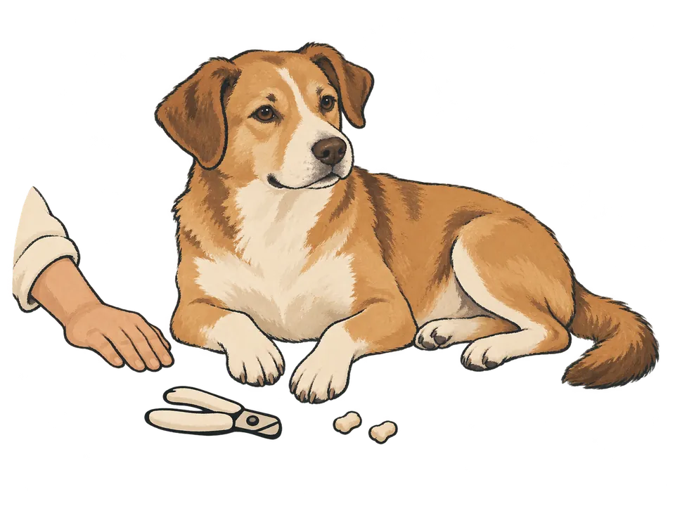 A dog resting beside a hand, treats and parked nail clippers.