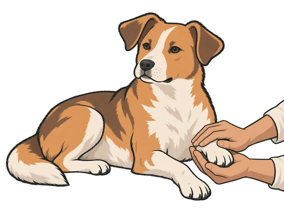 Two hands gently supporting a resting dog’s forepaw.