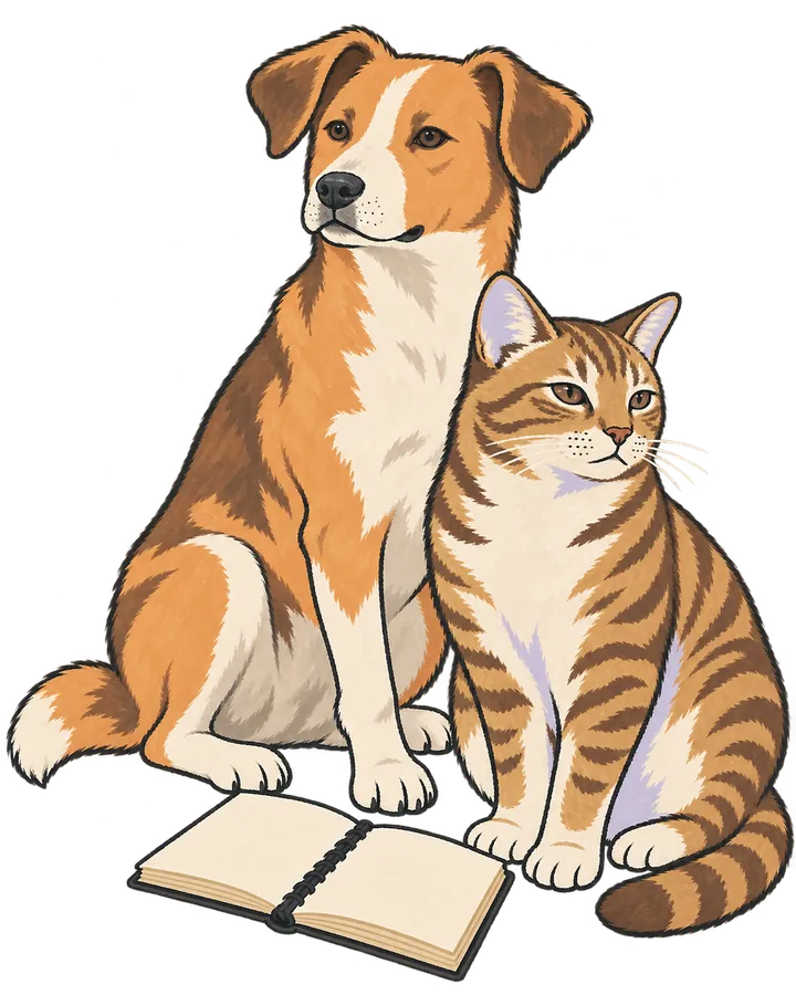 A dog and tabby cat resting together beside a blank pet-record booklet.